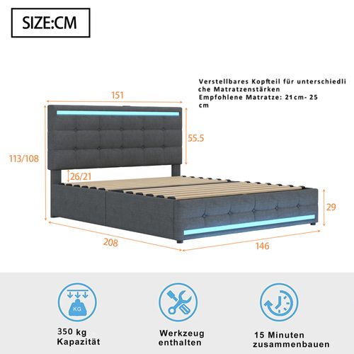 Lit Coffre 140x200 Cm Avec Structure Rembourrée Et Éclairage LED