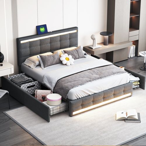 Lit Coffre 140x200 Cm Avec Structure Rembourrée Et Éclairage LED