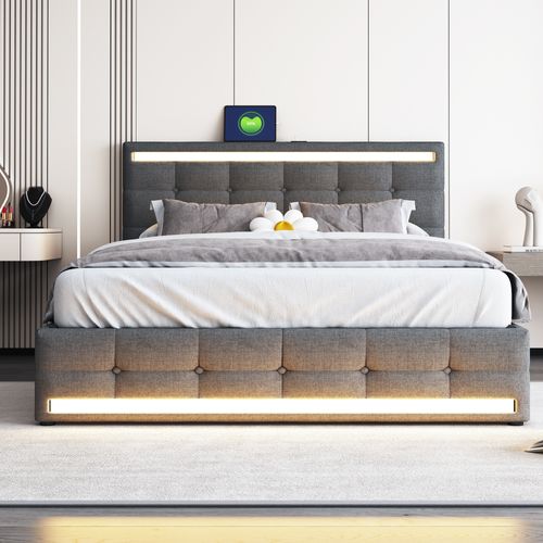 Lit Coffre 140x200 Cm Avec Structure Rembourrée Et Éclairage LED