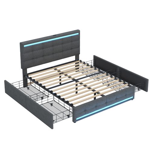 Lit Coffre 140x200 Cm Avec Structure Rembourrée Et Éclairage LED