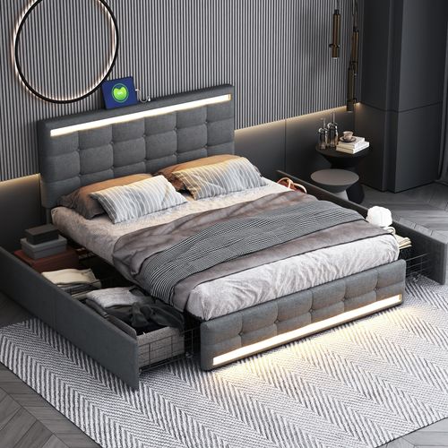 Lit Coffre 140x200 Cm Avec Structure Rembourrée Et Éclairage LED