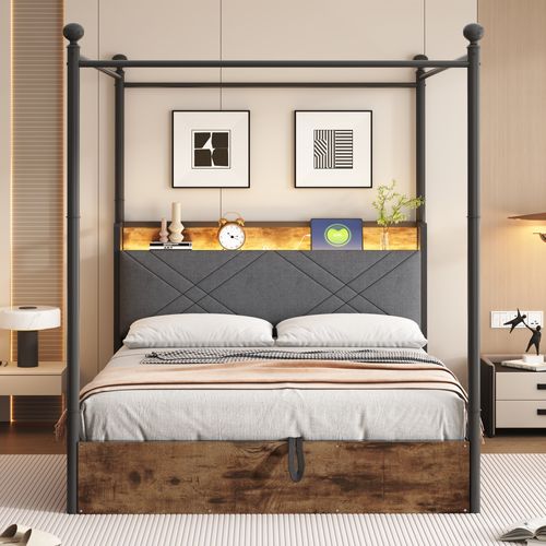 Lit Coffre 140x190 Cm Avec Structure En Métal Et Tête De Lit Rembourrée