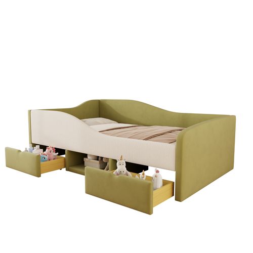 Lit Enfant 90x190 Cm Avec Rangement Sous Le Lit En Velours Vert Et Crème