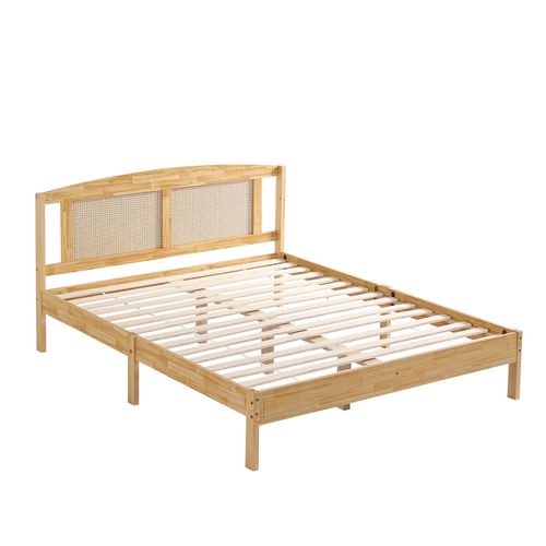 Lit Double 160x200 Cm En Bois De Pin Et Rattan Avec Design Naturel