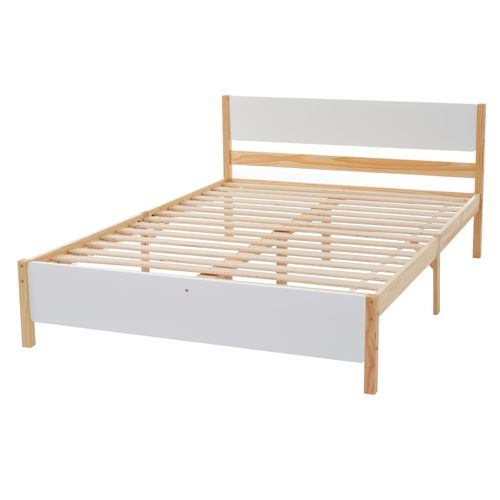 Lit Double 140x200 Cm Avec Structure En Bois Et Mdf Blanc Et Naturel