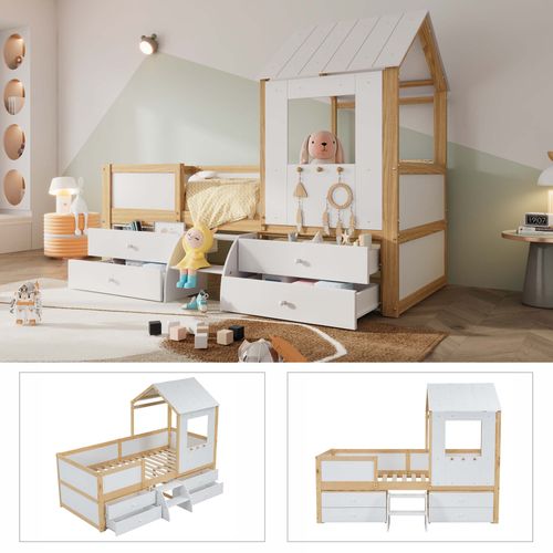 Lit Mi-hauteur Pour Enfant 90x200 Cm Avec Design De Maison Et Tiroirs