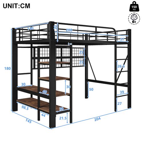 Lit Mezzanine 140x200 Cm Avec Structure En Métal Noire