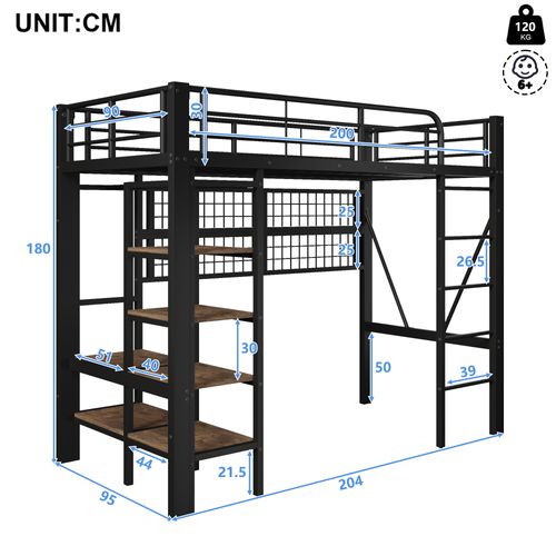 Lit Mezzanine 90x200 Cm Avec Structure En Métal Noir