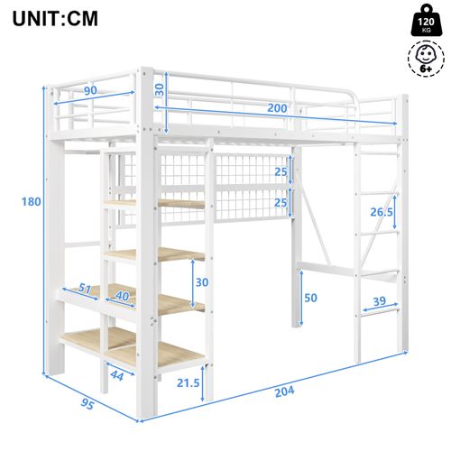 Lit Mezzanine 90x200 Cm Avec Structure En Métal Et Mdf LED Blanc