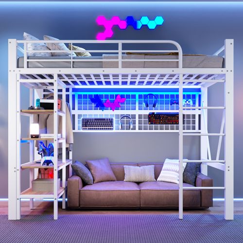 Lit Mezzanine 90x200 Cm Avec Structure En Métal Et Mdf LED Blanc
