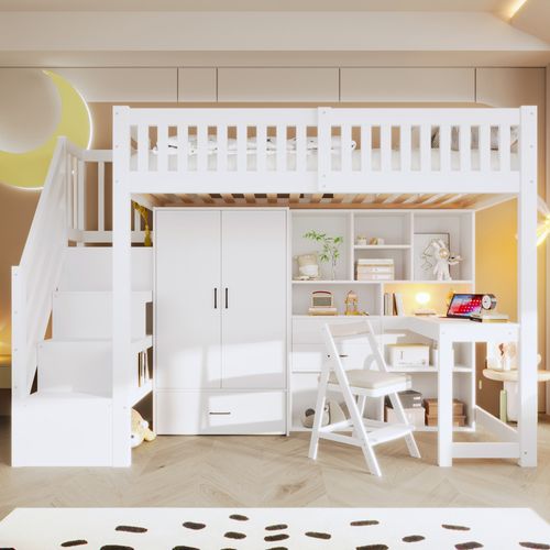 Lit Mezzanine 90x200 Cm Avec Structure Avec Bureau Et Rangements Blanc