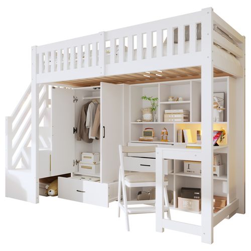 Lit Mezzanine 90x200 Cm Avec Structure Avec Bureau Et Rangements Blanc