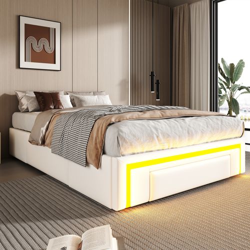 Lit Coffre 90x200 Cm Avec Structure à Tiroirs LED Blanc