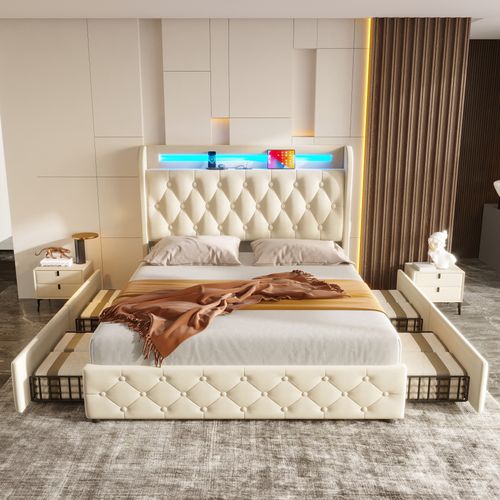 Lit Coffre 140x190 Cm Avec 4 Tiroirs Tissu Blanc