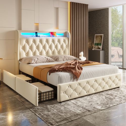 Lit Coffre 140x190 Cm Avec 4 Tiroirs Tissu Blanc