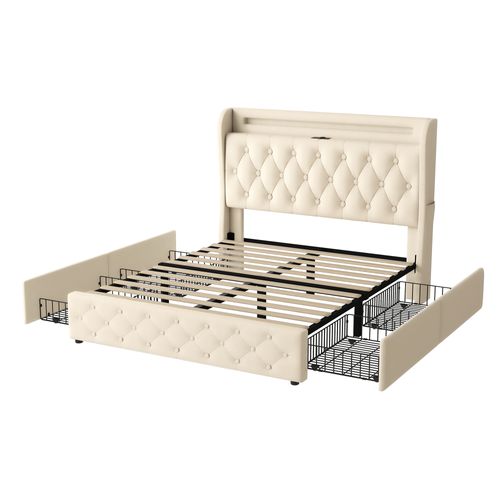 Lit Coffre 140x190 Cm Avec 4 Tiroirs Tissu Blanc