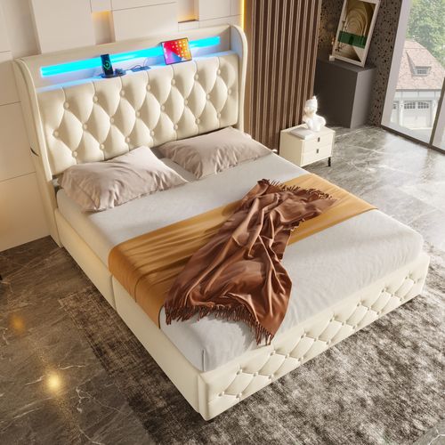 Lit Coffre 140x190 Cm Avec 4 Tiroirs Tissu Blanc