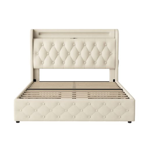 Lit Coffre 140x190 Cm Avec 4 Tiroirs Tissu Blanc