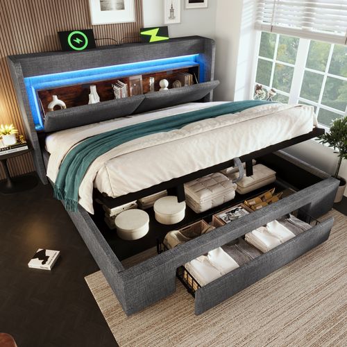 Lit Coffre 180x200 Cm Avec Sommier à Lattes Et Tête De Lit à Rangements Gris