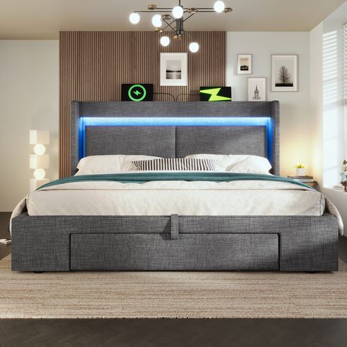 Lit Coffre 180x200 Cm Avec Sommier à Lattes Et Tête De Lit à Rangements Gris