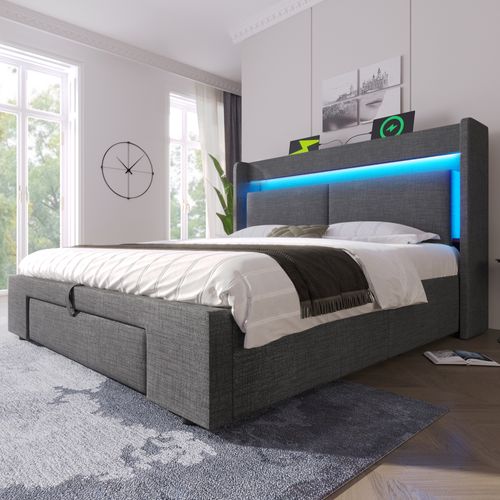 Lit Coffre 180x200 Cm Avec Sommier à Lattes Et Tête De Lit à Rangements Gris