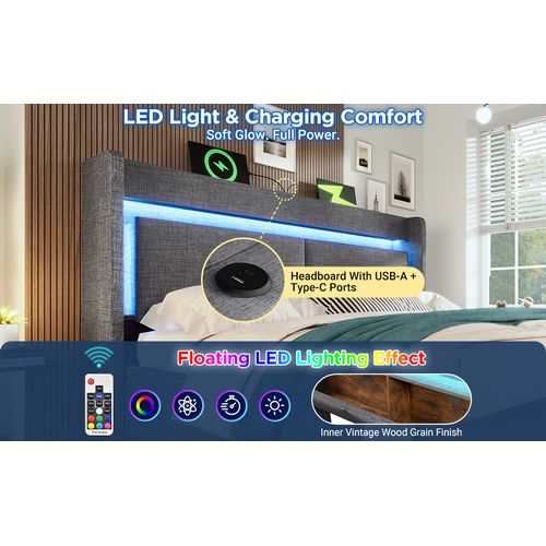 Lit Coffre 180x200 Cm Avec Sommier à Lattes Et Tête De Lit à Rangements Gris