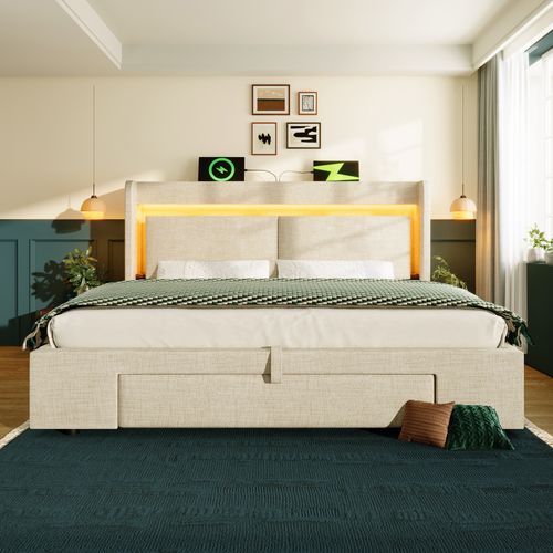 Lit Coffre 160x200 Cm Avec Rangement Hydraulique Tête De Lit Avec Prises USB/usb-c