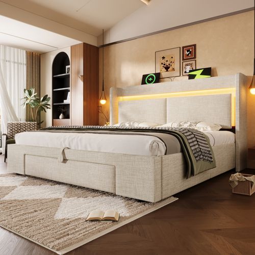 Lit Coffre 160x200 Cm Avec Rangement Hydraulique Tête De Lit Avec Prises USB/usb-c