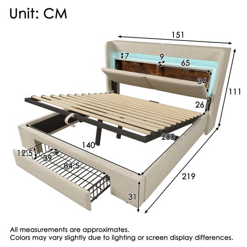 Lit Coffre 140x200 Cm Avec Structure Relevable Hydraulique Tête De Lit à Ports USB Beige