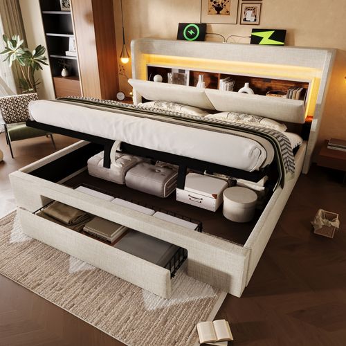 Lit Coffre 140x200 Cm Avec Structure Relevable Hydraulique Tête De Lit à Ports USB Beige