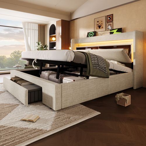 Lit Coffre 140x200 Cm Avec Structure Relevable Hydraulique Tête De Lit à Ports USB Beige