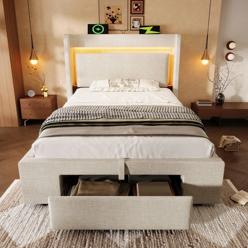 Lit Coffre 90x200 Cm Avec Rangement Hydraulique Tête De Lit Avec Ports USB/usb-c