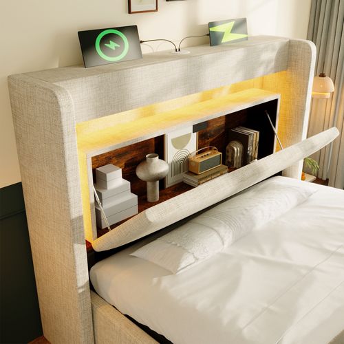 Lit Coffre 90x200 Cm Avec Rangement Hydraulique Tête De Lit Avec Ports USB/usb-c