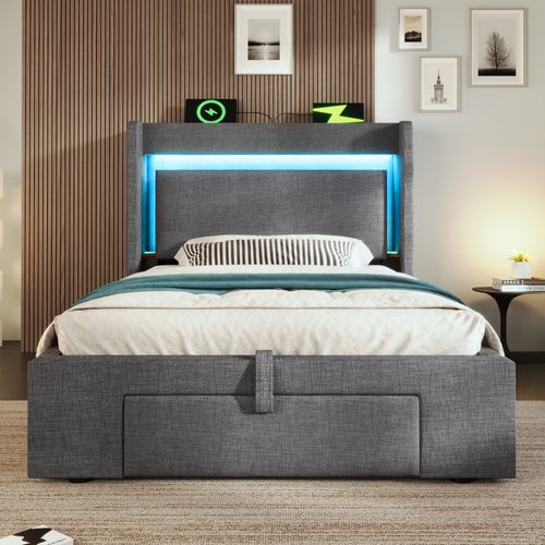 Lit Coffre 90x200 Cm Avec Sommier à Lattes, Tête De Lit Avec Rangement Gris