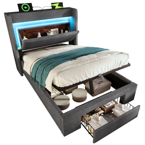 Lit Coffre 90x200 Cm Avec Sommier à Lattes, Tête De Lit Avec Rangement Gris