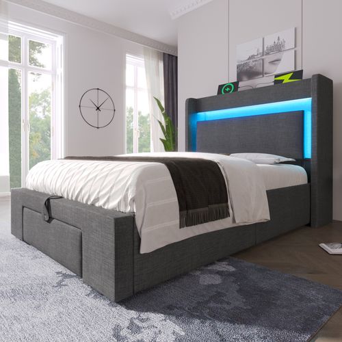 Lit Coffre 90x200 Cm Avec Sommier à Lattes, Tête De Lit Avec Rangement Gris