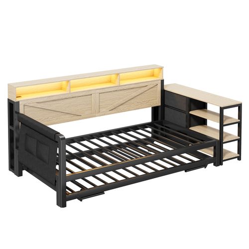 Lit Simple 90x200 Cm Avec Lit Gigogne Réglable Noir