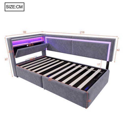 Canapé-lit 90x200 Cm Avec Tête De Lit Avec Rangements Tissu Velours Gris