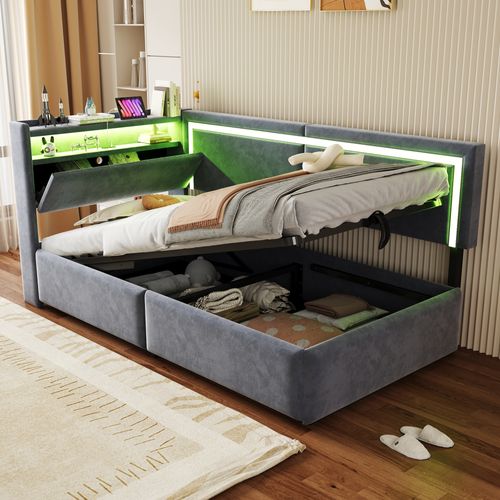 Canapé-lit 90x200 Cm Avec Tête De Lit Avec Rangements Tissu Velours Gris