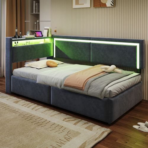 Canapé-lit 90x200 Cm Avec Tête De Lit Avec Rangements Tissu Velours Gris