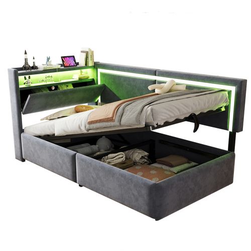 Canapé-lit 90x200 Cm Avec Tête De Lit Avec Rangements Tissu Velours Gris