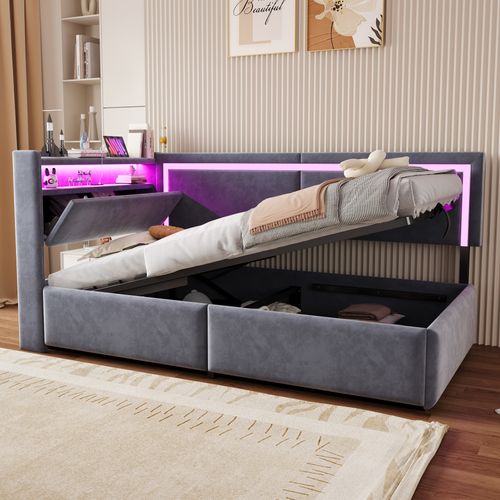 Canapé-lit 90x200 Cm Avec Tête De Lit Avec Rangements Tissu Velours Gris