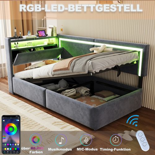 Canapé-lit 90x200 Cm Avec Tête De Lit Avec Rangements Tissu Velours Gris