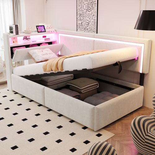 Canapé-lit 90x200 Cm Avec Structure Avec Coffre Hydraulique Tissu Velours Beige