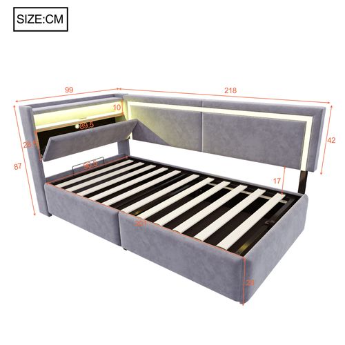 Canapé-lit 90x200 Cm Avec Structure Avec Coffre De Rangement Tissu Velours Gris Clair