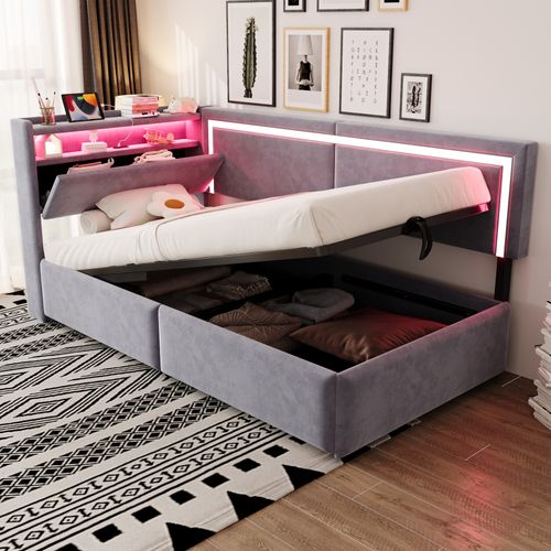 Canapé-lit 90x200 Cm Avec Structure Avec Coffre De Rangement Tissu Velours Gris Clair