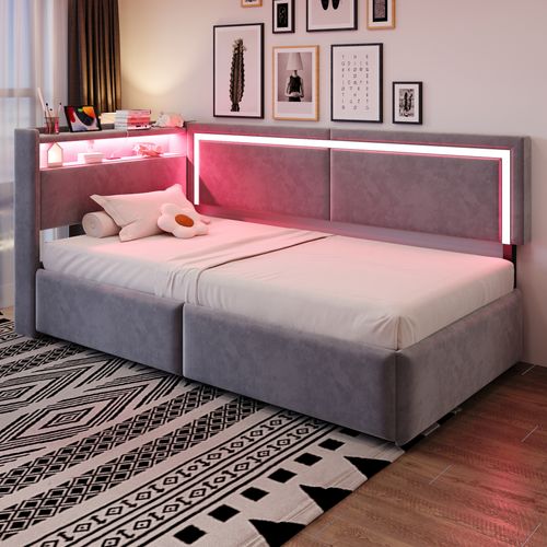 Canapé-lit 90x200 Cm Avec Structure Avec Coffre De Rangement Tissu Velours Gris Clair