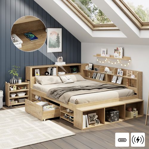 Lit Enfant Multifonction 140 X 200 Cm Avec Rangements Et Table De Nuit