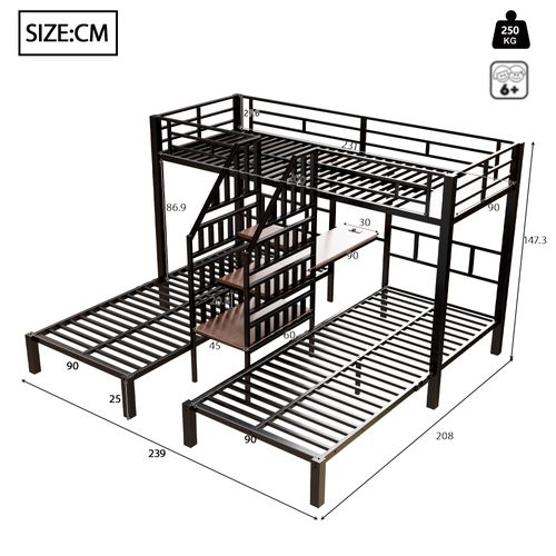 Lit Superposé 90x200 Cm Avec Structure En Métal Et Mdf Noir