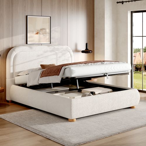 Lit Coffre 160x200 Cm Avec Sommier Relevable Bouclé Blanc